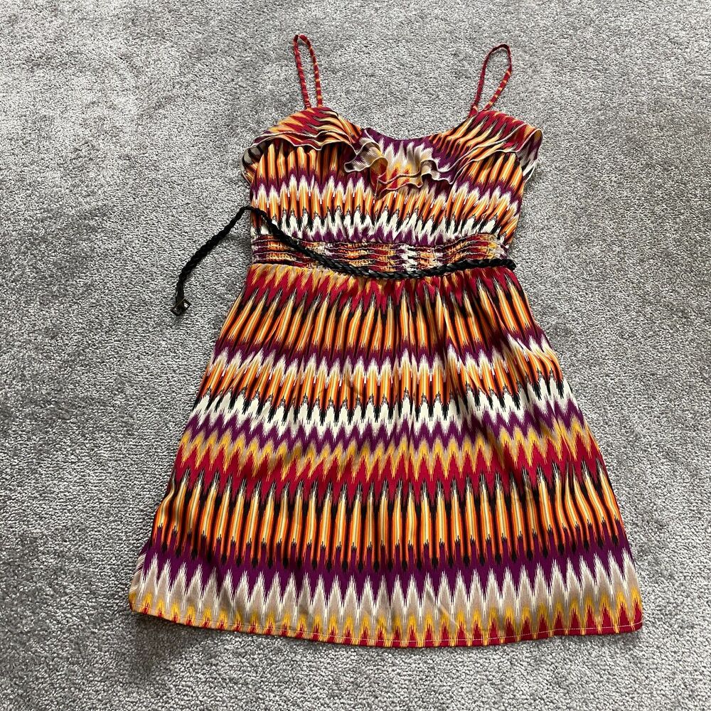 Love Reign Dress Womens XL Multicolor Midi Spaghetti Strap Boho Aztec Belted